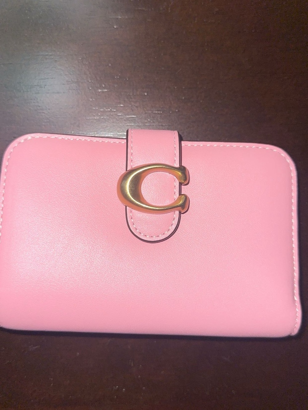 Coach Flower Pink Leather Card Holder with Gold C Hardware